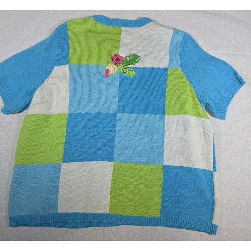 Breckenridge‎ Women 2X Palm Tree Short Sleeve Knit Cardigan Blue Green Tropical